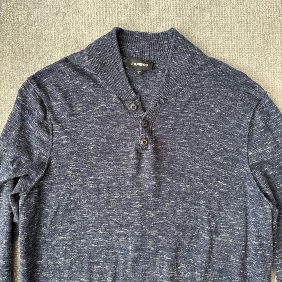 Express Sweater Mens XL Blue Shawl Collar Cotton Pullover Casual Knit Grandpa - Picture 2 of 7